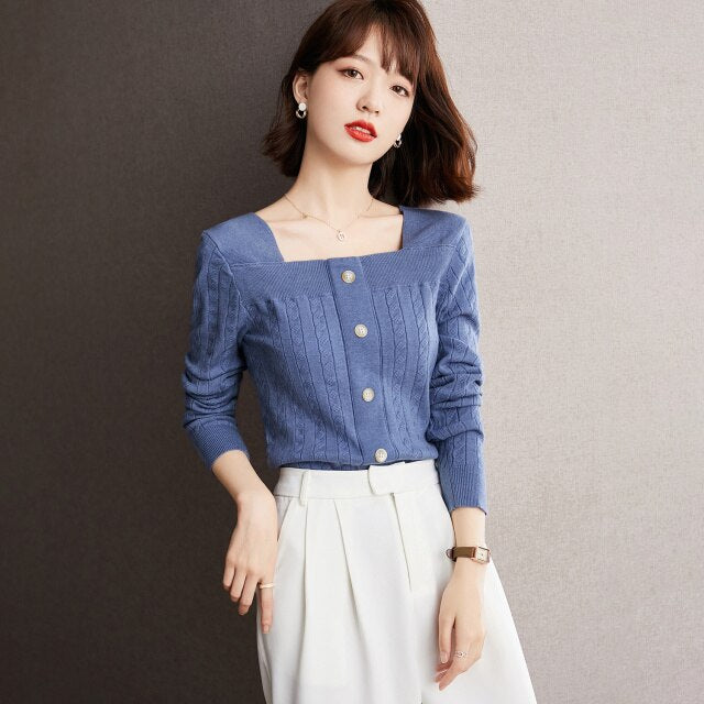 2021 Autumn Pullover New Fashion Slim Fit Slimming Small Square Collar Knitwear For Women Button Decor Long Sleeve Female Tops