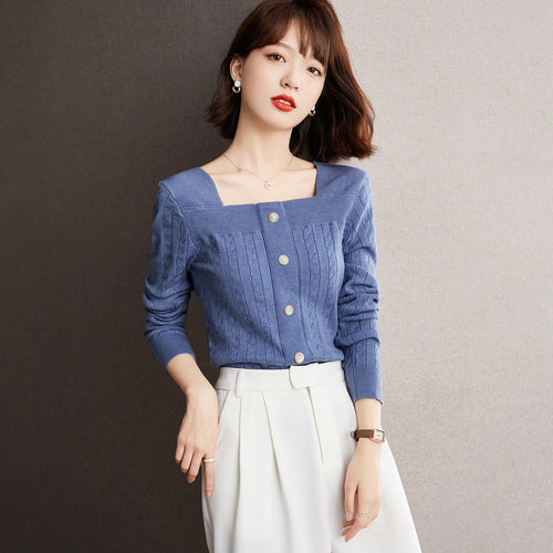 2021 Autumn Pullover New Fashion Slim Fit Slimming Small Square Collar Knitwear For Women Button Decor Long Sleeve Female Tops