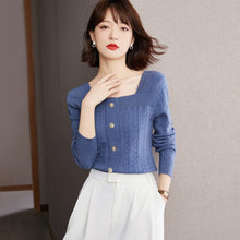 Load image into Gallery viewer, 2021 Autumn Pullover New Fashion Slim Fit Slimming Small Square Collar Knitwear For Women Button Decor Long Sleeve Female Tops