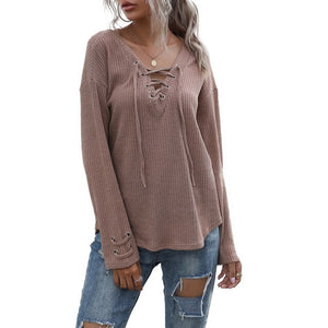 2021 Autumn Spring Tees for Women Fashion Lace Up Design Ribbed Sexy Deep V Neck Dropped Shoulder Casual T-shirt Tops  Mujer