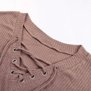 2021 Autumn Spring Tees for Women Fashion Lace Up Design Ribbed Sexy Deep V Neck Dropped Shoulder Casual T-shirt Tops  Mujer