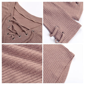 2021 Autumn Spring Tees for Women Fashion Lace Up Design Ribbed Sexy Deep V Neck Dropped Shoulder Casual T-shirt Tops  Mujer