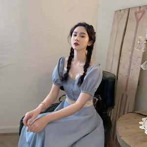 2021 Autumn Square Collar Retro French Dress Summer Embroidery Stitching Puff Sleeve Palace Style Cream Blue Princess Dress