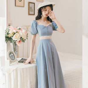 2021 Autumn Square Collar Retro French Dress Summer Embroidery Stitching Puff Sleeve Palace Style Cream Blue Princess Dress