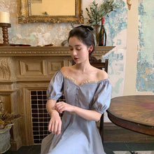 Load image into Gallery viewer, 2021 Autumn Square Collar Retro French Dress Summer Embroidery Stitching Puff Sleeve Palace Style Cream Blue Princess Dress