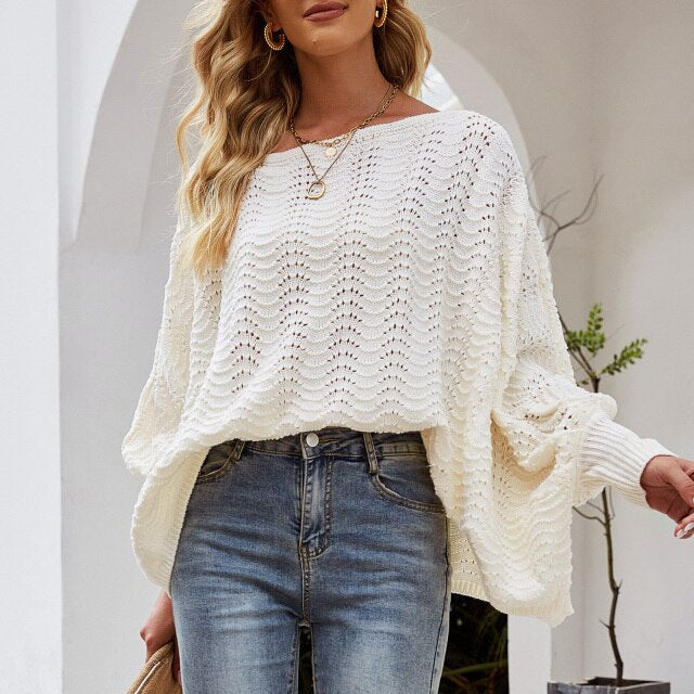 2021 Autumn Stylish Knitted Sweater Tops Casual Off Shoulder Batwing Sleeve Loose Pullover Solid Color Warm And Sweet Sweater