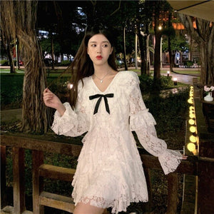 2021 Autumn Sweet Kawaii Dress Women Lace White Elegant Party Mini Dress Ladies Long Sleeve Casual Cute Korean Fashion Clothing