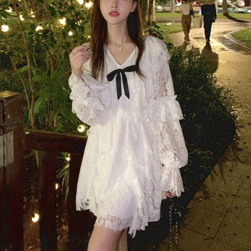 2021 Autumn Sweet Kawaii Dress Women Lace White Elegant Party Mini Dress Ladies Long Sleeve Casual Cute Korean Fashion Clothing
