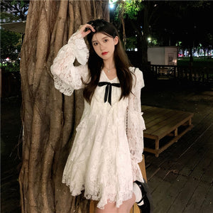 2021 Autumn Sweet Kawaii Dress Women Lace White Elegant Party Mini Dress Ladies Long Sleeve Casual Cute Korean Fashion Clothing