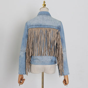 2021 Autumn Tassel Jeans Patchwork Fringe Oversized Jean Jacket Women Fashion Long Sleeve Punk Cropped Denim Coat Gothic Clothes