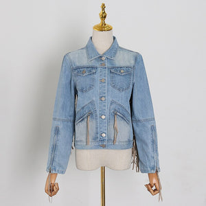 2021 Autumn Tassel Jeans Patchwork Fringe Oversized Jean Jacket Women Fashion Long Sleeve Punk Cropped Denim Coat Gothic Clothes