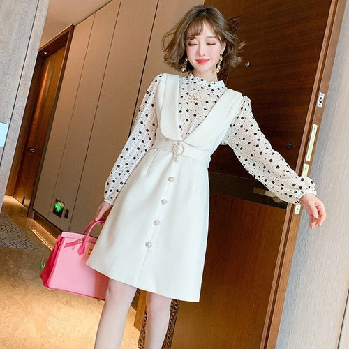 2021 Autumn Wave Point Floral Long Sleeve Top + Beaded Button High Waist Vest Dress Two Piece Women Elegant Spring Dresses