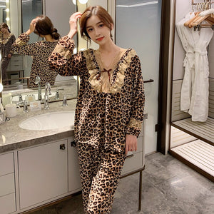 2021 Autumn Winter Gold Velvet Sexy Leopard Lace V-neck Pajama Set for Women Long Sleeve Sleepwear Homewear Pijama Mujer Clothes