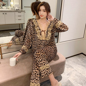 2021 Autumn Winter Gold Velvet Sexy Leopard Lace V-neck Pajama Set for Women Long Sleeve Sleepwear Homewear Pijama Mujer Clothes