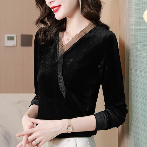 2021 Autumn Winter Gold Velvet Women's T-Shirt Fashion Casual Stitching Organza Bottoming Shirt M-4XL Plus Size Tops