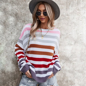 2021 Autumn Winter Long Sleeve Rainbow Striped Pullover Women Sweater Casual Loose Knitted Sweaters O-Neck Pull Jumpers Female