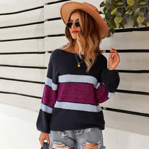 2021 Autumn Winter Long Sleeve Striped Pullover Women Sweater Knitted Loose Sweaters O-Neck Tops Korean Pull Jumpers Female
