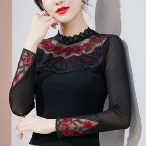 2021 Autumn Winter Long Sleeve Women's T-Shirt Fashion Sexy Hollow Out Lace Mesh Tops M-4XL Plus Size Women Clothing