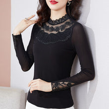 Load image into Gallery viewer, 2021 Autumn Winter Long Sleeve Women&#39;s T-Shirt Fashion Sexy Hollow Out Lace Mesh Tops M-4XL Plus Size Women Clothing