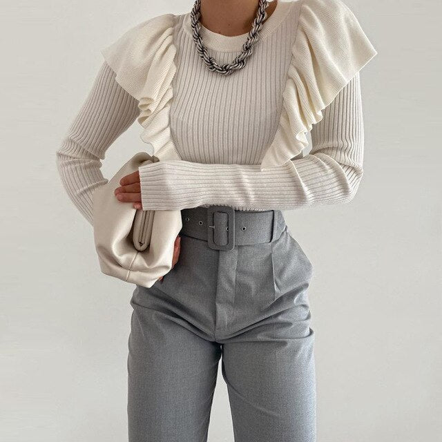 2021 Autumn Winter New Fashion Temperament Commuter Sweater Women O Neck White Long Sleeve Ruffled Tight Knit Top