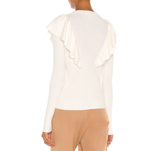 2021 Autumn Winter New Fashion Temperament Commuter Sweater Women O Neck White Long Sleeve Ruffled Tight Knit Top