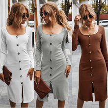 Load image into Gallery viewer, 2021 Autumn Winter New Women&#39;s Fashion Sexy Solid Square Collar Long Sleeve Buttons Skinny A Line Knee Lenght Dress Ladies Slim