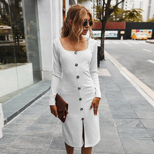 2021 Autumn Winter New Women's Fashion Sexy Solid Square Collar Long Sleeve Buttons Skinny A Line Knee Lenght Dress Ladies Slim