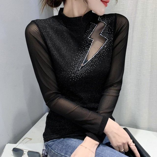 2021 Autumn Winter New Women's Tops Shirt Fashion Casual Turtleneck Long Sleeve Hollow Out Hot Drilling Mesh T-Shirt