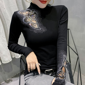 2021 Autumn Winter New Women's Tops Shirt Fashion Casual Turtleneck Long Sleeve Hollow Out Hot Drilling Mesh T-Shirt