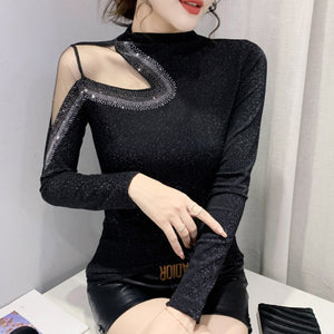 2021 Autumn Winter New Women's Tops Shirt Fashion Casual Turtleneck Long Sleeve Hollow Out Hot Drilling Mesh T-Shirt