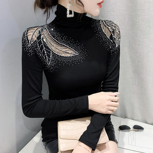 2021 Autumn Winter New Women's Tops Shirt Fashion Casual Turtleneck Long Sleeve Hollow Out Hot Drilling Mesh T-Shirt