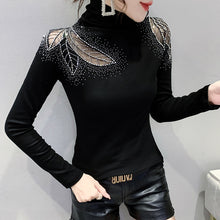 Load image into Gallery viewer, 2021 Autumn Winter New Women&#39;s Tops Shirt Fashion Casual Turtleneck Long Sleeve Hollow Out Hot Drilling Mesh T-Shirt
