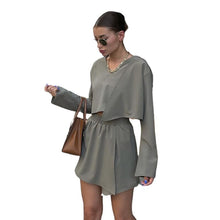 Load image into Gallery viewer, 2021 Autumn Winter New Women&#39;s Wear V-Neck Long Sleeve Top High Waist Wrap Hip Fake Skirt Shorts Set Outfits For Women Matching