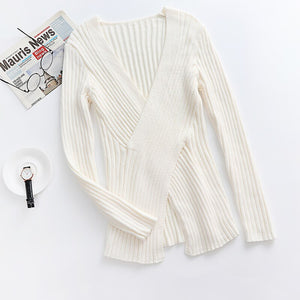 2021 Autumn Winter Oversized Cross Sweaters Ladies Elegant Knitted Pullovers Female Knitwear Sexy White V Neck Sweater Women