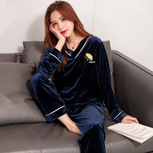 2021 Autumn Winter Plus Size V-neck Gold Velvet Pajama Sets for Women Long Sleeve Sleepwear Pyjama Homewear Pijama Mujer Clothes