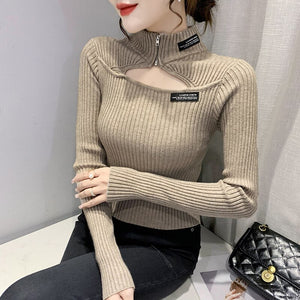 2021 Autumn Winter Women's Pullovers Fashion Casual Solid Color Half High Collar Sexy Hollow Knitted Sweater