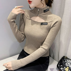 2021 Autumn Winter Women's Pullovers Fashion Casual Solid Color Half High Collar Sexy Hollow Knitted Sweater