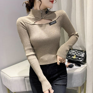 2021 Autumn Winter Women's Pullovers Fashion Casual Solid Color Half High Collar Sexy Hollow Knitted Sweater