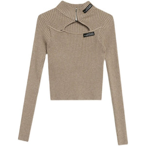 2021 Autumn Winter Women's Pullovers Fashion Casual Solid Color Half High Collar Sexy Hollow Knitted Sweater