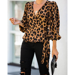 2021 Autumn Women Blouses Elegant Office Tunic Shirt Sexy Deep V-Neck Leopard Print Belted Fashion Tops Ruffles Blusas Femininas