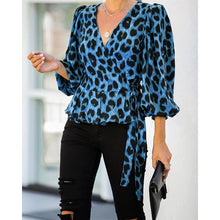 Load image into Gallery viewer, 2021 Autumn Women Blouses Elegant Office Tunic Shirt Sexy Deep V-Neck Leopard Print Belted Fashion Tops Ruffles Blusas Femininas
