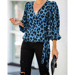 2021 Autumn Women Blouses Elegant Office Tunic Shirt Sexy Deep V-Neck Leopard Print Belted Fashion Tops Ruffles Blusas Femininas