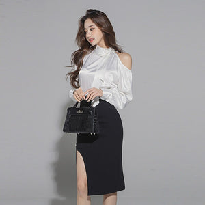2021 Autumn Women Sets Korean Style Bow Long Sleeve White Shirt +High Waist Bodycon Pencil Skirt Office OL Suits