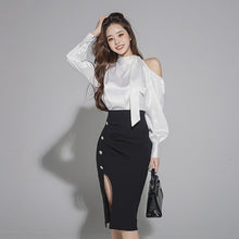 Load image into Gallery viewer, 2021 Autumn Women Sets Korean Style Bow Long Sleeve White Shirt +High Waist Bodycon Pencil Skirt Office OL Suits