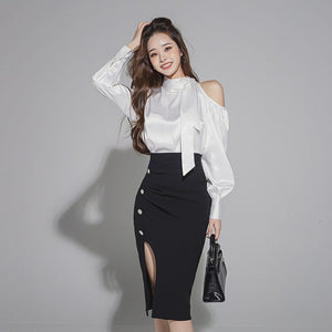 2021 Autumn Women Sets Korean Style Bow Long Sleeve White Shirt +High Waist Bodycon Pencil Skirt Office OL Suits