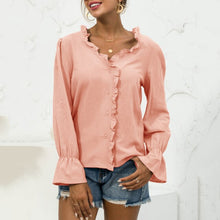 Load image into Gallery viewer, 2021 Autumn Women Solid Blouse Shirt Ruffle Trim Flare Long Sleeve V Neck Button Cute Casual Tops Shirt With Button Easy To Pair