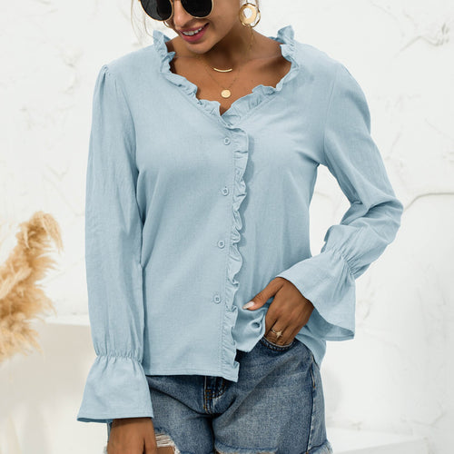 2021 Autumn Women Solid Blouse Shirt Ruffle Trim Flare Long Sleeve V Neck Button Cute Casual Tops Shirt With Button Easy To Pair