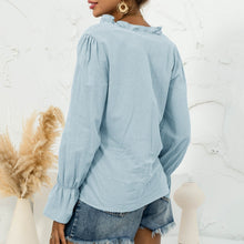 Load image into Gallery viewer, 2021 Autumn Women Solid Blouse Shirt Ruffle Trim Flare Long Sleeve V Neck Button Cute Casual Tops Shirt With Button Easy To Pair