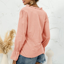 Load image into Gallery viewer, 2021 Autumn Women Solid Blouse Shirt Ruffle Trim Flare Long Sleeve V Neck Button Cute Casual Tops Shirt With Button Easy To Pair