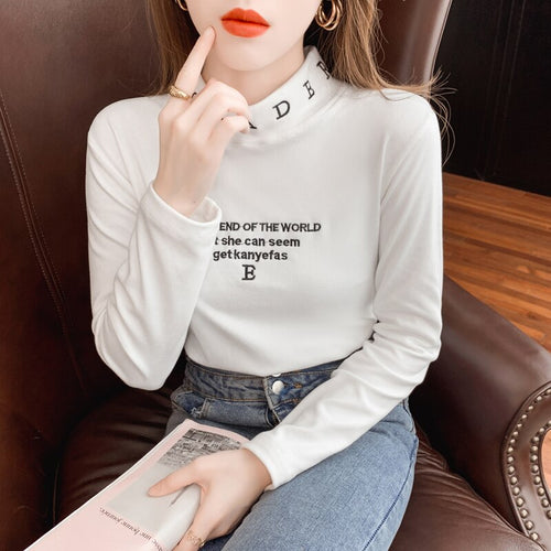 2021 Autumn and Winter New Half High Neck Embroidery Sanded Base Shirt Long-sleeved Slim Women's Tops